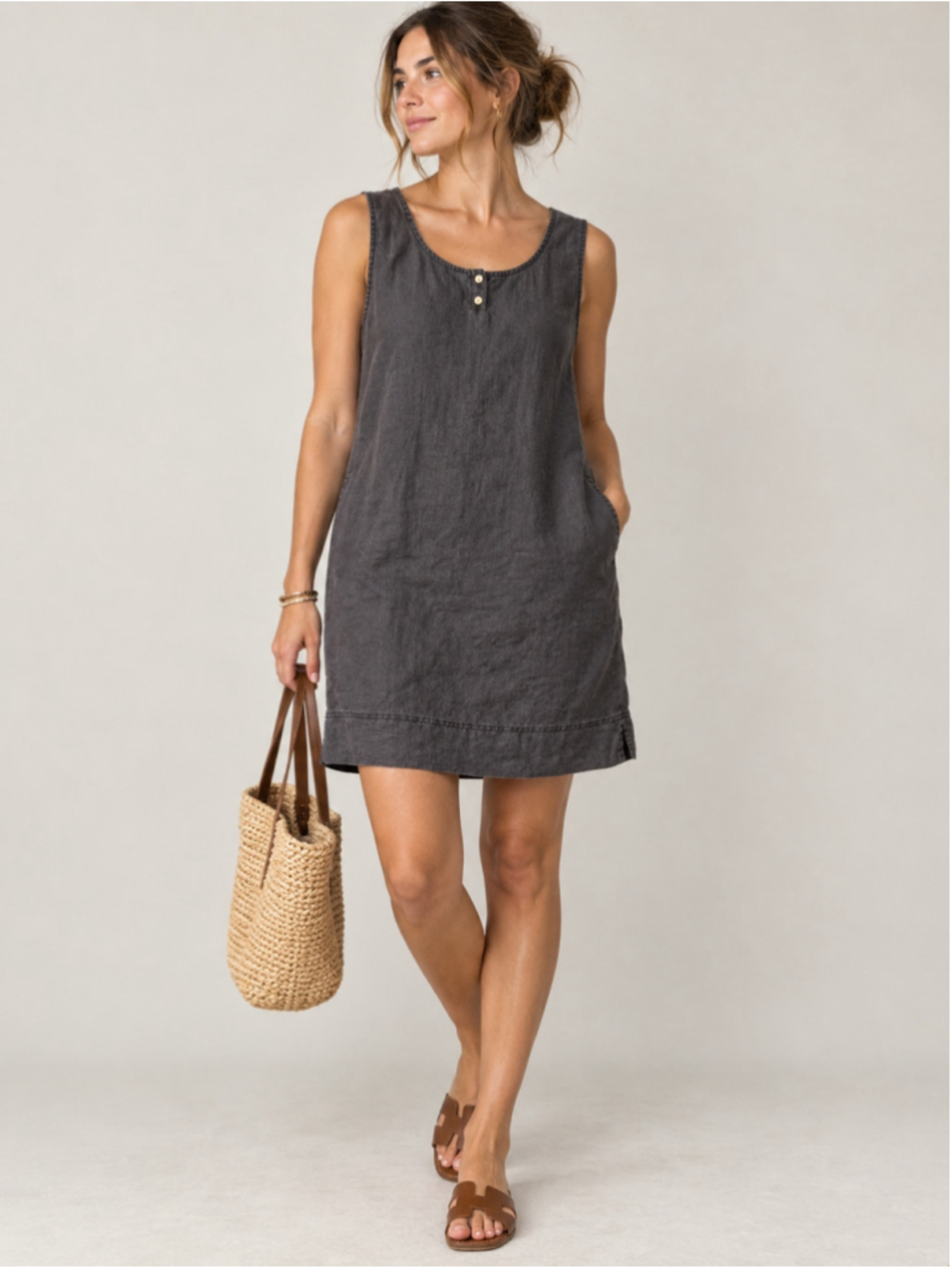 J. Jill Black 100% Linen Sleeveless Shift Dress Size M Minimalist Boho